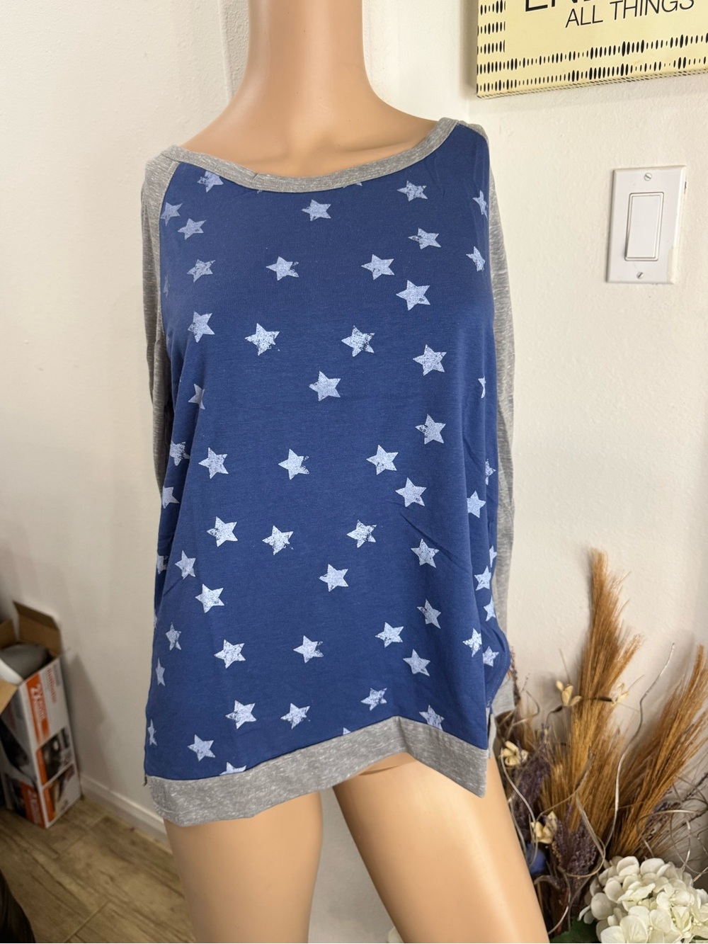 Poof! Navy Star Print Raglan Top with Gray Trim